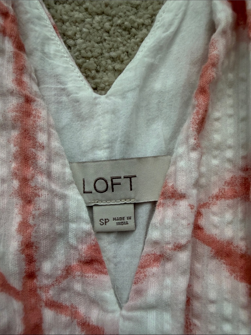 LOFT cotton petite small White Dress with Coral Tie-Dye Starburst Print